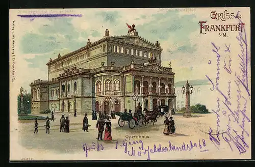 Lithographie Frankfurt a. M., Opernhaus mit Pferdewagen, Halt gegen das Licht