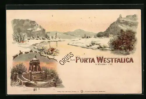 Winter-Lithographie Porta Westfalica b. Minden, Panorama mit Denkmal im Winter