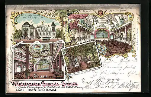 Lithographie Chemnitz-Schönau, Gasthaus Wintergarten, Inneres Krystall-Palast und Tropfsteingrotten Saal Flora