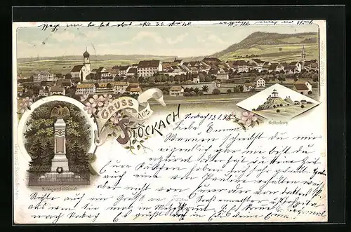 Lithographie Stockach, Teilansicht, Nellenburg, Kriegerdenkmal