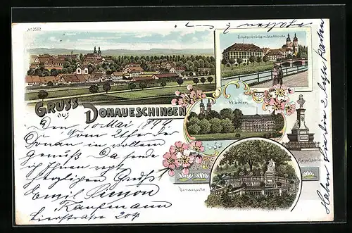 Lithographie Donaueschingen, Schützenbrücke mit Stadtkirche, F. F. Schloss, Donauquelle