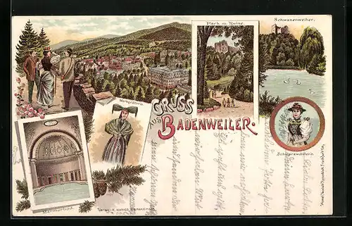 Lithographie Badenweiler, Inneres Marmorbad, Schwanenweiher, Markgräflerin
