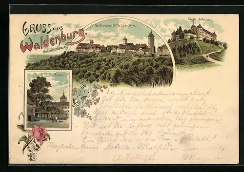 Lithographie Waldenburg, Teilansicht, Fürstliches Schloss, Linde