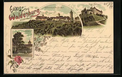 Lithographie Waldenburg, Teilansicht, Fürstliches Schloss, Linde
