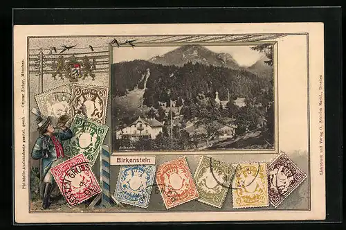 Präge-AK Birkenstein, Ortspartie mit Bergen, Postbote am Telegraphenmast und Briefmarken, Passepartout