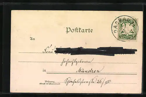 Lithographie Dachau, Teilansicht, Frau in Tracht