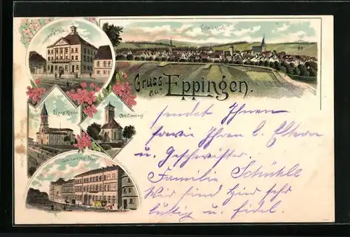 Lithographie Eppingen, Hotel zur Krone Post, Rathaus, Evangelische Kirche