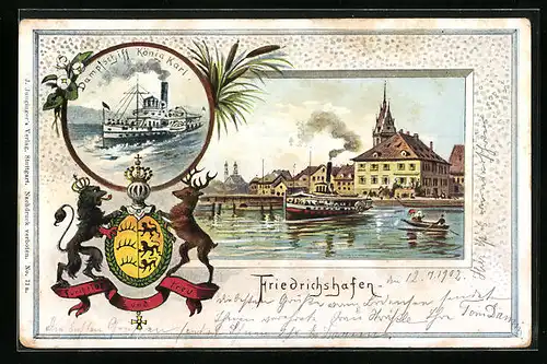 Künstler-AK Friedrichshafen, Uferpartie mit Dampfer, Dampfschiff König Karl, Wappen