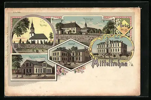 Lithographie Mittelfrohna i. S., Gasthof, Reimanns-Salon, Rittergut