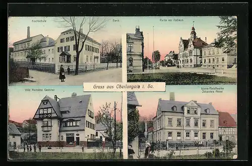 AK Oberlungwitz i. Sa., Wama-Metallwerke Johannes Ahner, Kochschule und Bank, Villa Hermann Gessner