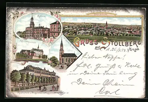 Lithographie Stollberg /Erzgeb., Rathaus, Strafanstalt, Totalansicht