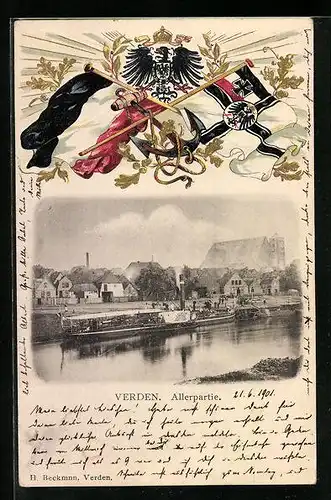 Passepartout-Lithographie Verden, Allerpartie, Reichswappen mit Fahnen