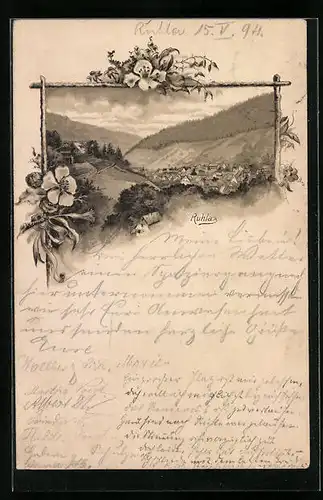 Passepartout-AK Ruhla, Gesamtansicht mit Umgebung, Blumen