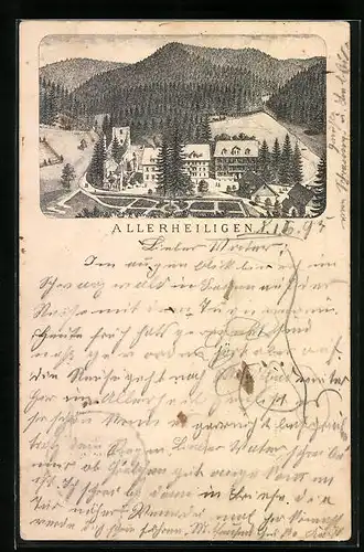 Vorläufer-Lithographie Allerheiligen, 1895, Ortsansicht aus der Vogelschau