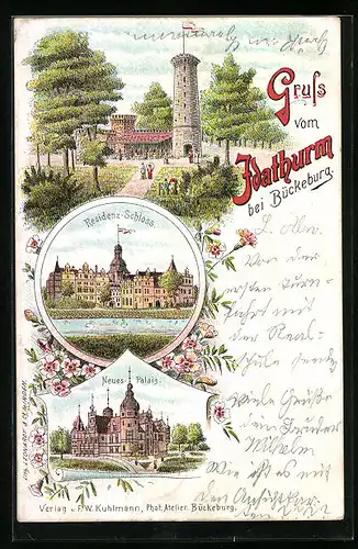 Lithographie Bückeburg, Ausflugsgaststätte Idathurm vom Weg aus, Residenz-Schloss, Neues Palais