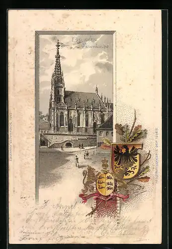 Passepartout-Lithographie Esslingen, Frauenkirche, Wappen mit Eichenlaub