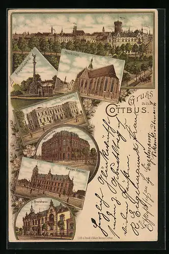 Lithographie Cottbus, Teilansicht, Oberkirche, Gymnasium, Postamt, Kreishaus