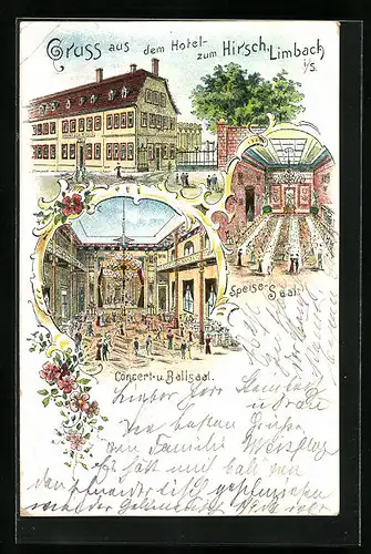 Lithographie Limbach /Sa., Hotel zum Hirsch - Aussenansicht, Speisesaal, Concert- und Ballsaal