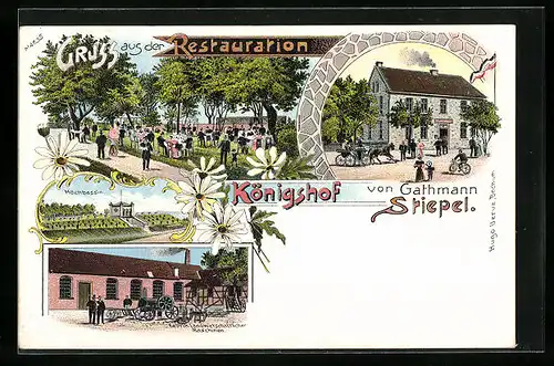Lithographie Stiepel, Restaurant Königshof, Fabrik landwirtschaftlicher Maschinen