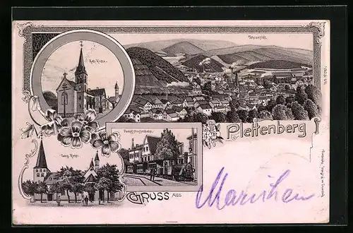 Lithographie Plettenberg, Dampfstrassenbahn, Kath. und Evang. Kirche