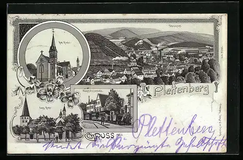 Lithographie Plettenberg, Dampfstrassenbahn, Kath. und Evang. Kirche, Panorama