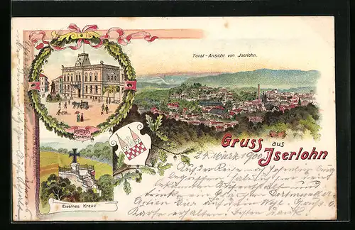 Lithographie Iserlohn, Rathaus mit Denkmal, Eisernes Kreuz, Totalansicht