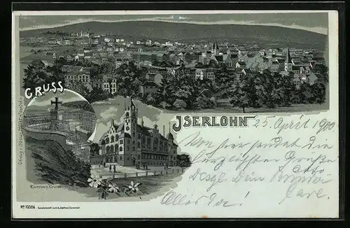 Mondschein-Lithographie Iserlohn, Alexanderhöhe, Eisernes Kreuz, Panorama