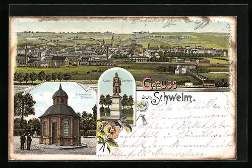 Lithographie Schwelm, Kaiser-Denkmal, Brunnen, Panorama