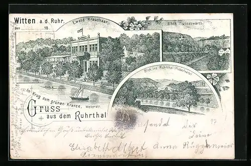 Lithographie Witten /Ruhr, Restaurant im Krug zum grünen Kranze an der Ruhr