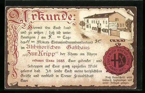 Lithographie Rhens a. Rhein, Gasthaus zur Kripp, Trinker-Urkunde
