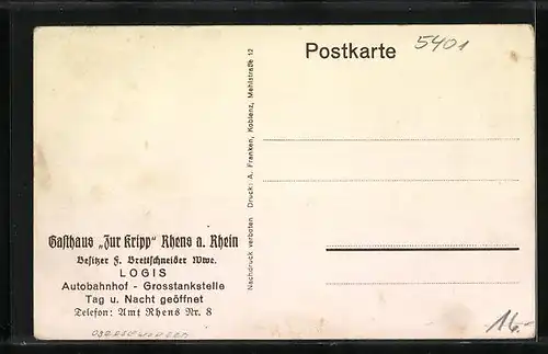 Lithographie Rhens a. Rhein, Gasthaus zur Kripp, Trinker-Urkunde