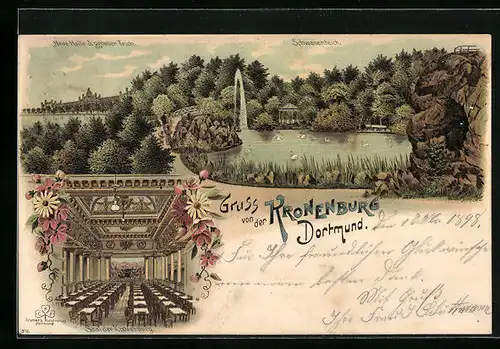 Lithographie Dortmund, Restaurant Kronenburg, Schwanenteich