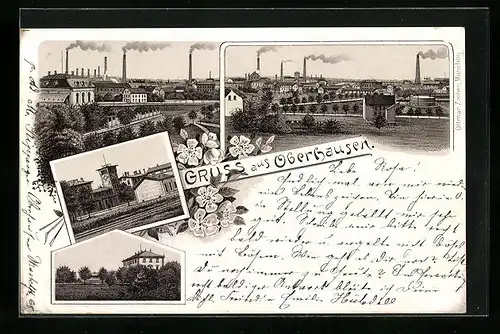 Lithographie Oberhausen, Teilansicht der Stadt mit Fabriken