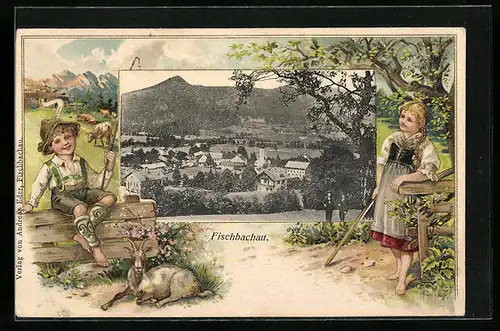 Passepartout-Lithographie Fischbachau, Ortsansicht, Ziegenhirt und Mädchen in Tracht