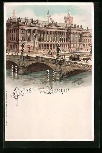 Lithographie Berlin, Friedrichsbrücke und Börse mit Pferdebahn, Burgstrasse