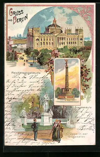 Lithographie Berlin, Reichstagsgebäude, Siegessäule und Gruppe in der Siegesallee