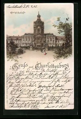 Lithographie Charlottenburg, Königliches Schloss mit Park