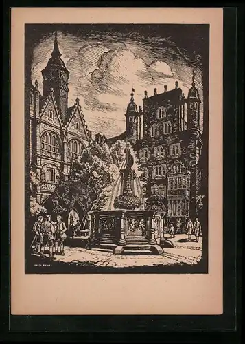 Künstler-AK Hildesheim, Am Marktplatz in Alt-Hildesheim