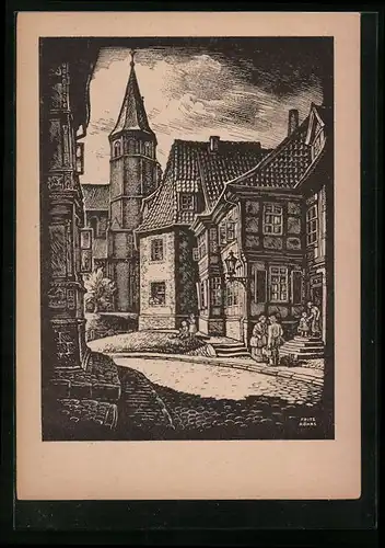 Künstler-AK Hildesheim, Blick auf St. Godehard in Alt-Hildesheim