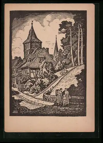 Künstler-AK Hildesheim, Am Kehrwieder in Alt-Hildesheim