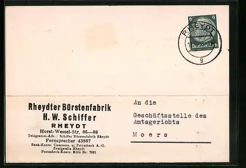AK Rheydt, Korrespondenzkarte der Rheydter Bürstenfabrik H. W. Schiffer