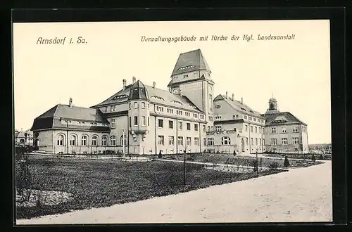 AK Arnsdorf i. Sa., Verwaltungsgebäude mit Kirche der Kgl. Landesanstalt