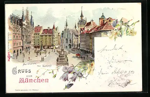 Lithographie München, Marienplatz mit Rathaus