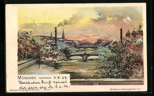 Lithographie München, winterlicher Blick auf die abendliche Isar