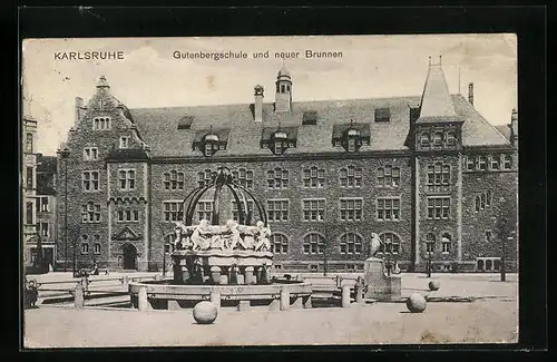AK Karlsruhe, Gutenbergschule und neuer Brunnen