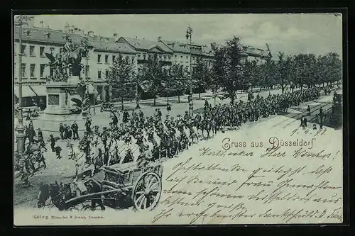 Mondschein-AK Düsseldorf, Militär-Parade am Kaiser Wilhelm I. Denkmal