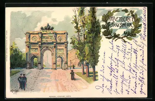 Lithographie München, Strassenpartie am Siegesthor