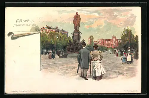 Lithographie München, Flaneure auf der Maximilianstrasse