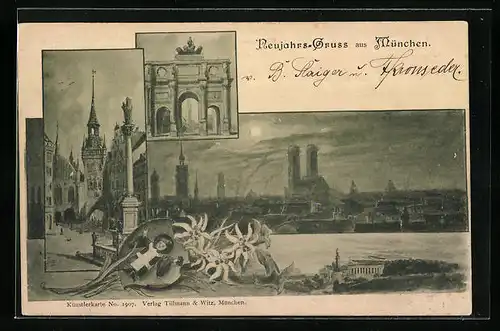 Mondschein-AK München, Siegesthor, Marienplatz, Panorama