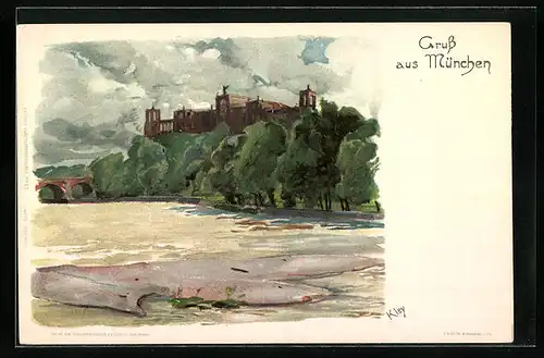Künstler-AK Heinrich Kley: München, Blick von der Isar zum Maximilianeum